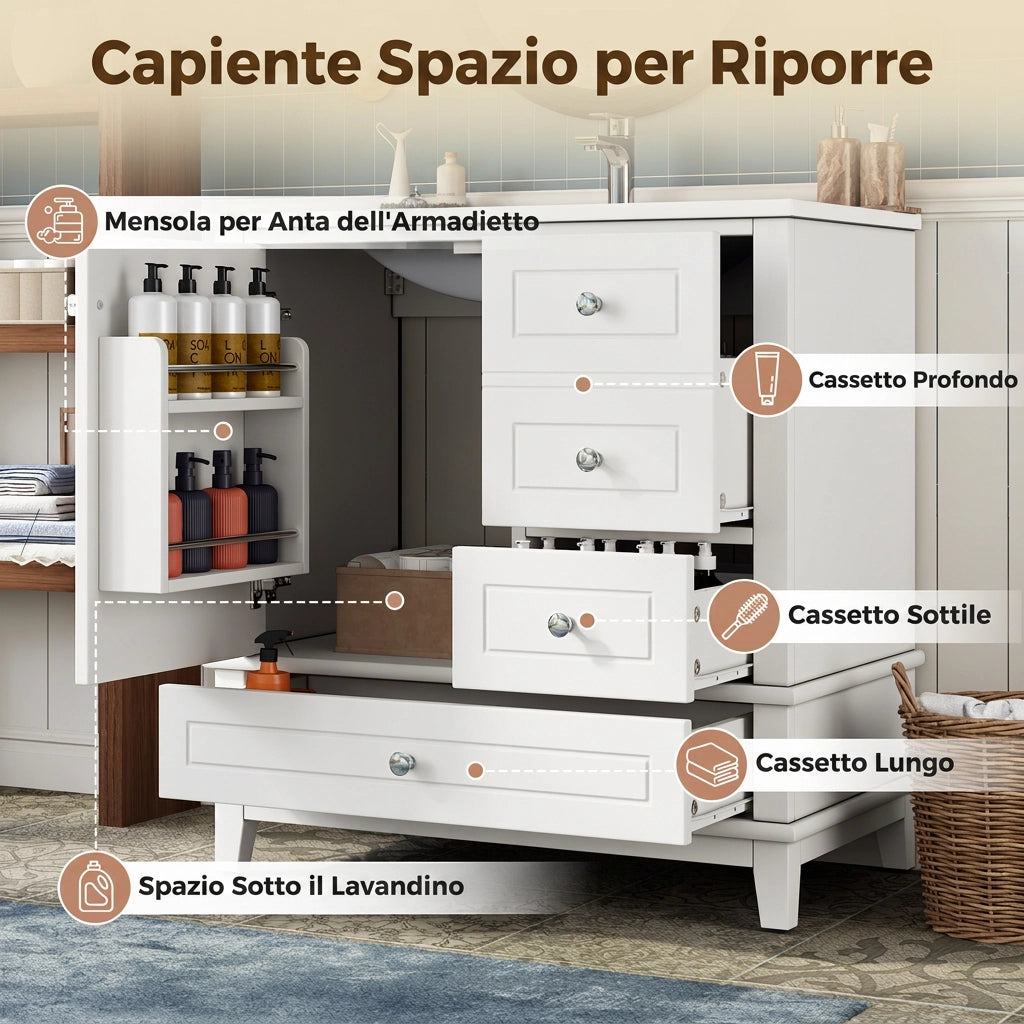 Mobile bagno a terra 81 cm con lavabo e 3 cassetti; in MDF e ceramica; bianco lucido