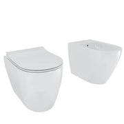 Coppia WC E Bidet Filo Parete Sanitari Moderni In Ceramica Con Copriwater Soft Close Chiusura Ammortizzata Design Elegante Per Arredo Bagno Colore Bianco Lucido