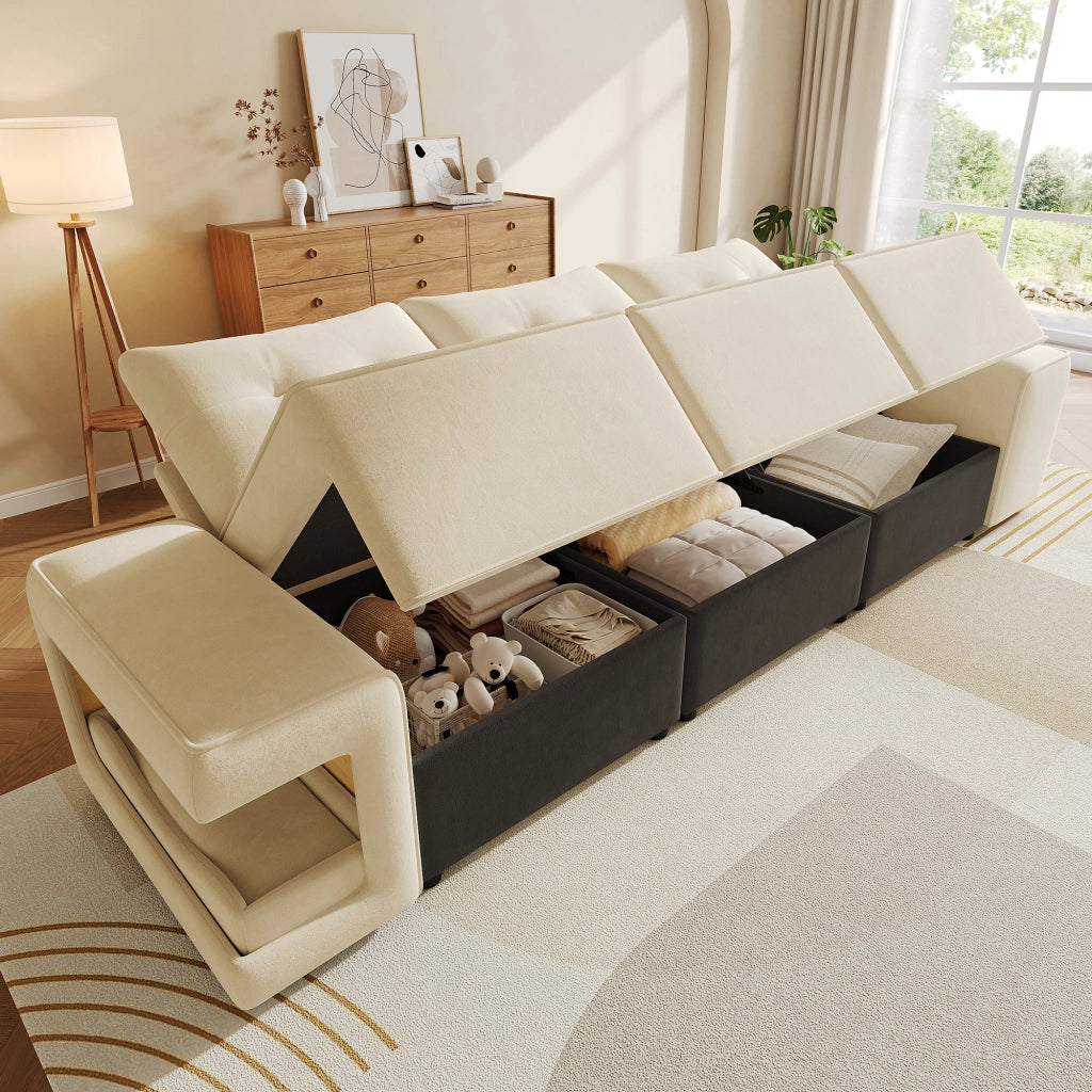 Divano 3 posti con nicchie laterali per animali e contenitori sotto seduta in velluto beige 229,5 × 78 × 84 cm