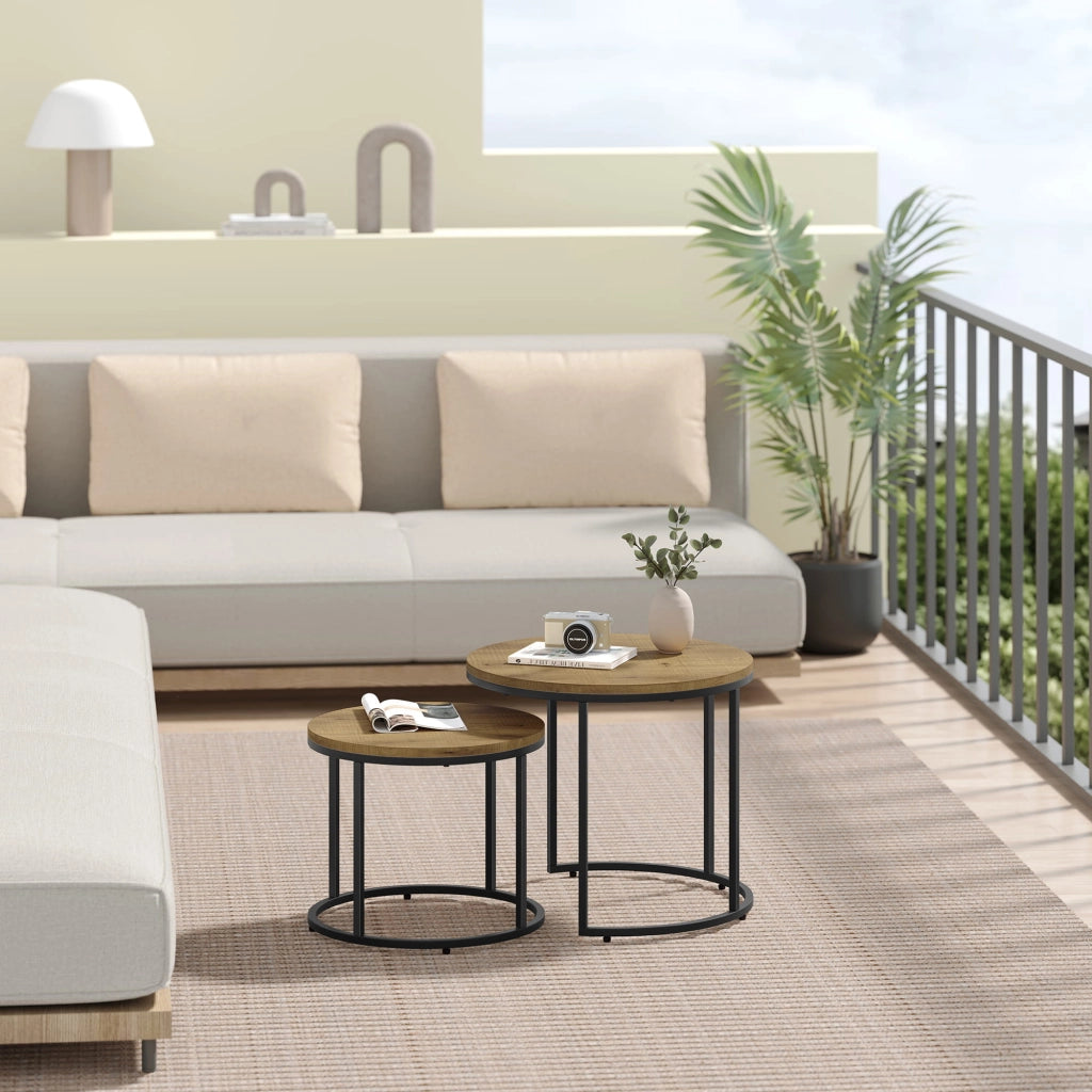 Set di tavolini rotondi VALORA - Stile industriale, gambe in rovere/nero x2