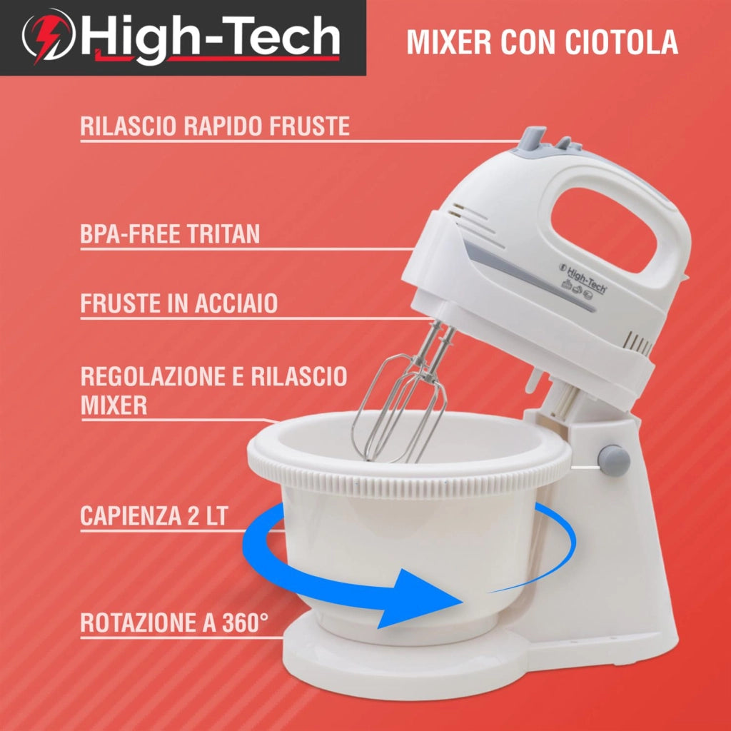 HIGH-TECH MIXER CON CIOTOLA DA 2 LT E POTENZA DA 200 W