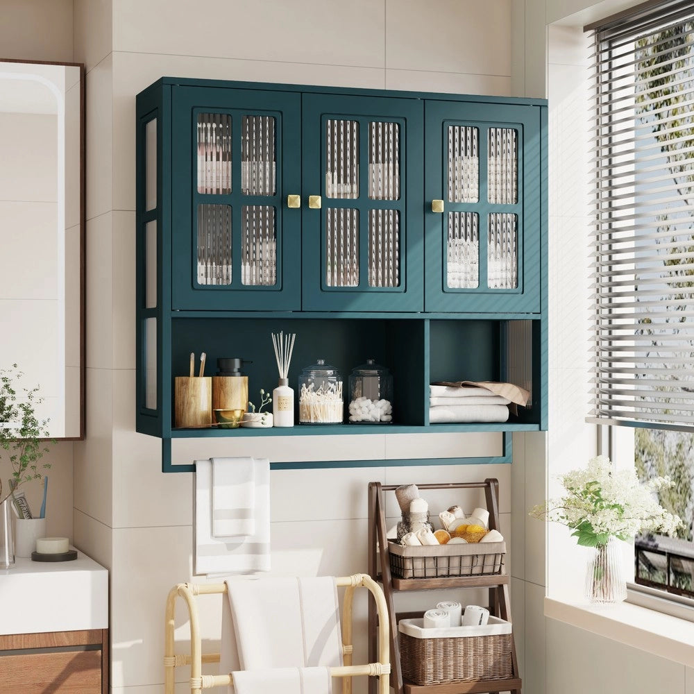 Armadietto Bagno a Parete 3 Ante Legno con Specchio e Porta Salviette ¨C MINIMAL ¨C Verde Scuro