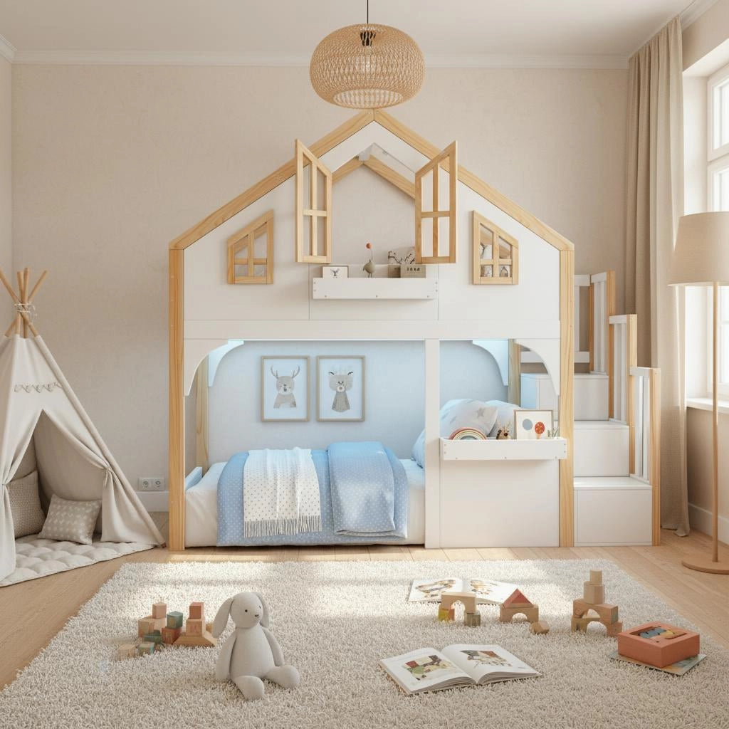 DESMIU Letto a castello per bambini 90 × 200 cm con scala contenitore, finestra e LED, senza materasso, bianco