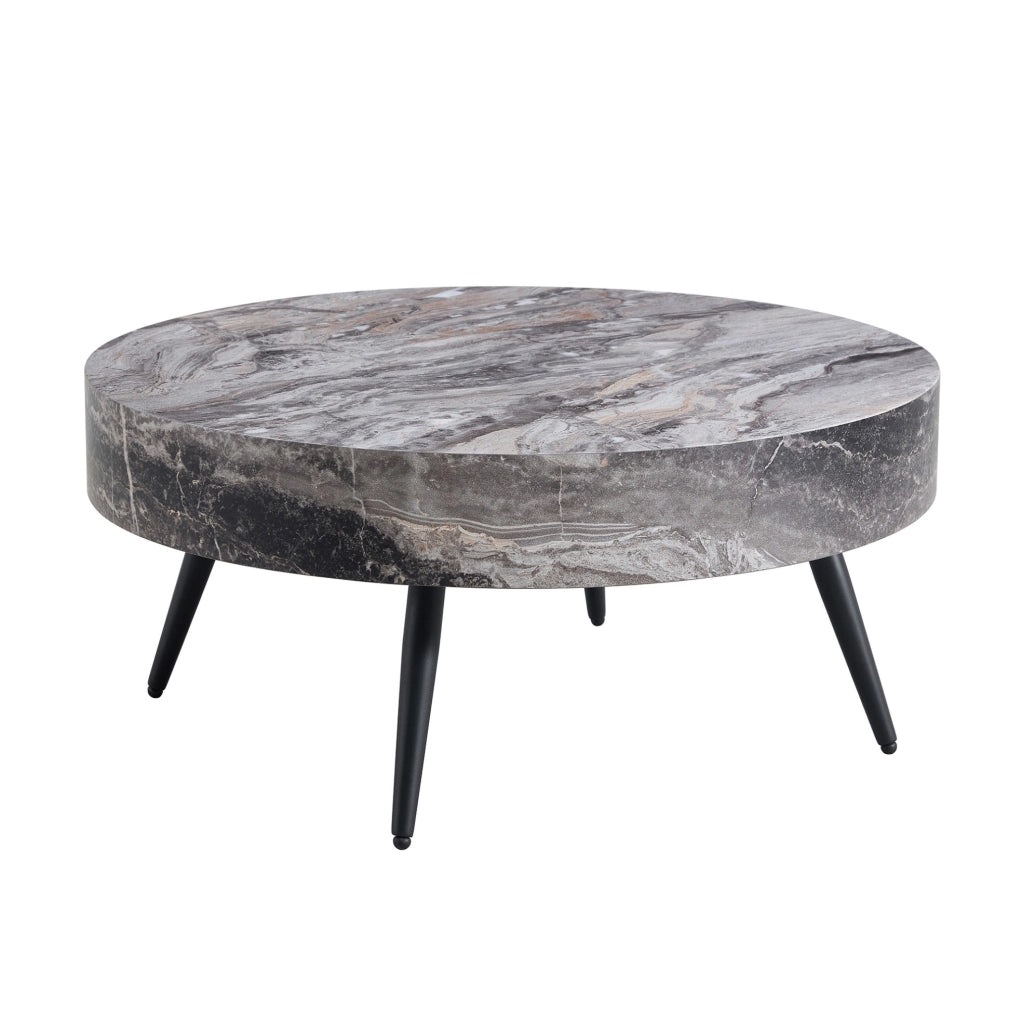 Tavolino da caffè rotondo 70 cm con piedini regolabili in MDF effetto marmo grigio e nero