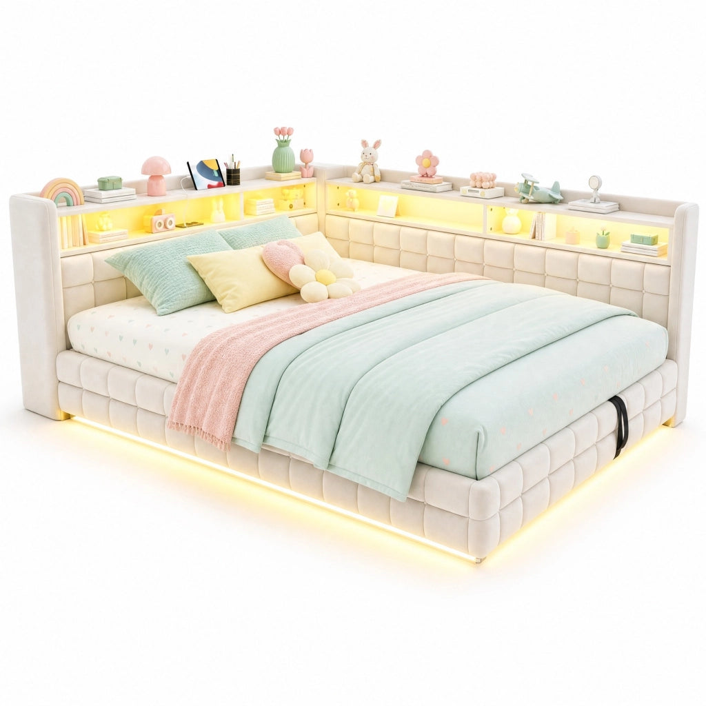 Letto imbottito matrimoniale 140×200 cm con contenitore; LED; USB; Type-C e ripiani; senza materasso; beige