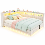 Letto imbottito matrimoniale 140×200 cm con contenitore; LED; USB; Type-C e ripiani; senza materasso; beige