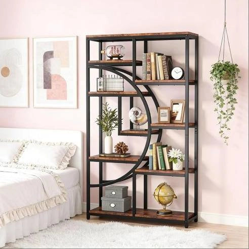 Libreria geometrica a 9 ripiani aperti in metallo e finitura legno