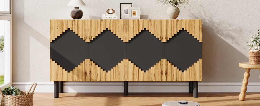 Credenza e madia con 4 ante push-open e 4 vani, per soggiorno, in MDF e truciolare, naturale nero, 140 × 40 × 70 cm