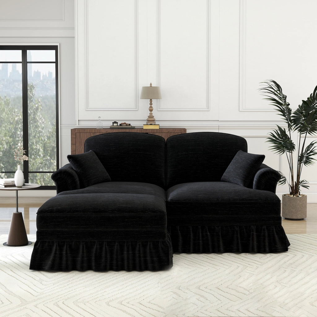 Divano Modulare 2 Posti con Poggiapiedi ¨C MINIMAL ¨C Chenille Nero, Gambe a Fuso, Braccioli
