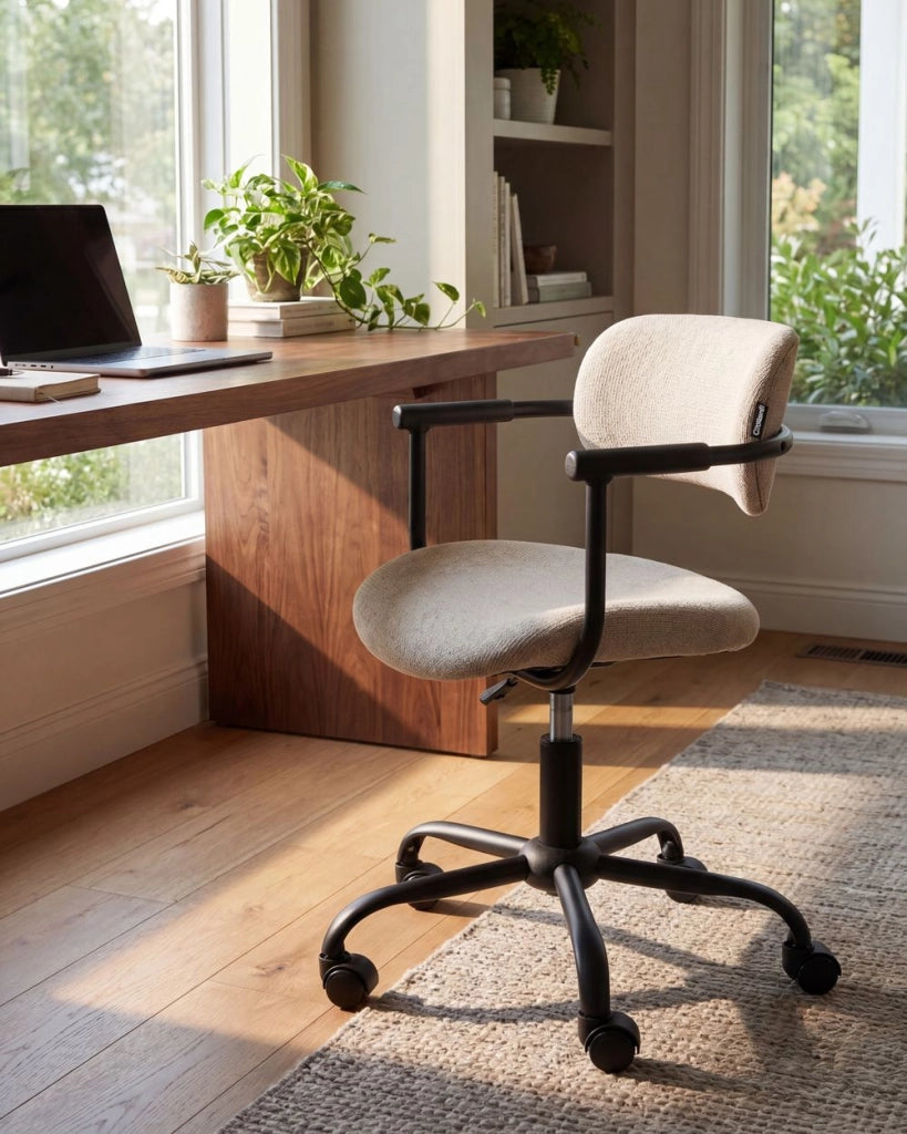 Sedia da ufficio con rivestimento in tessuto beige, girevole, per scrivania e computer, con altezza del sedile regolabile
