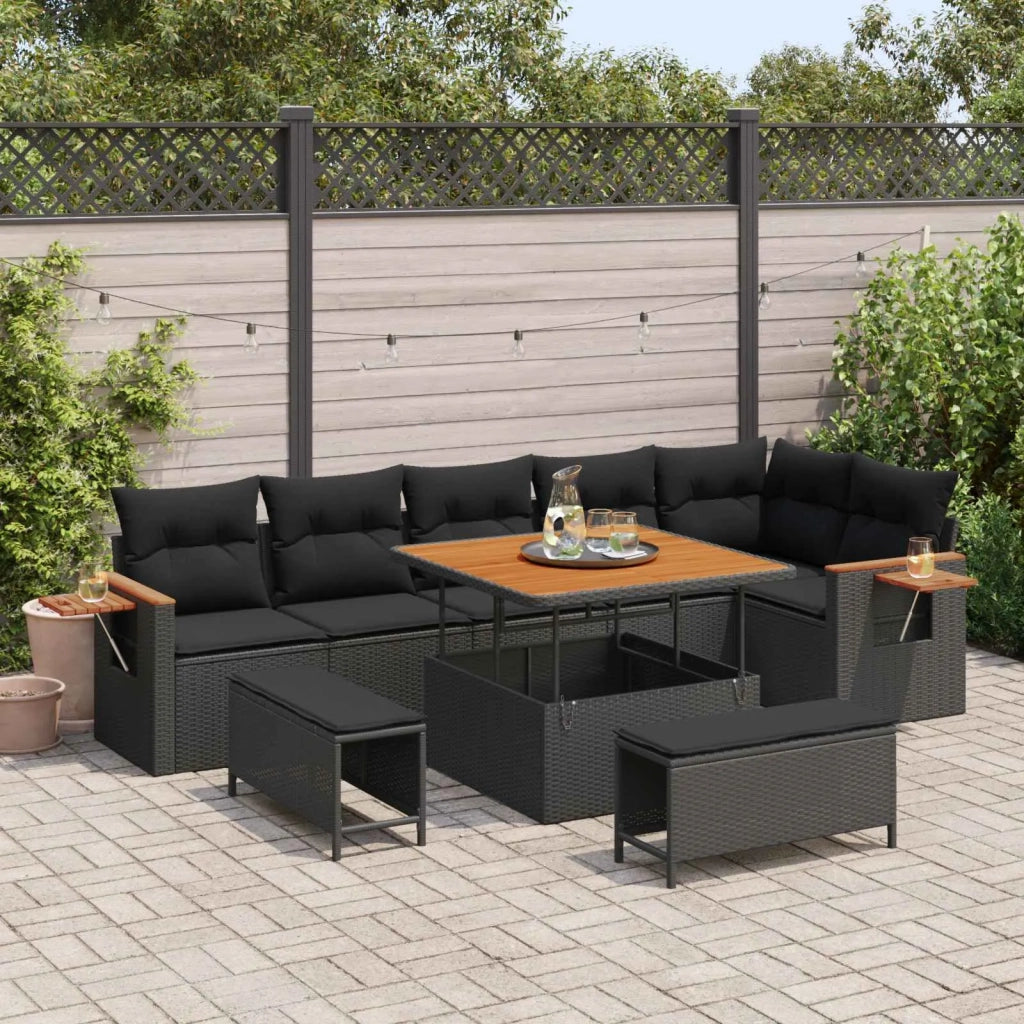 Set Divano da Giardino con cuscino 11 pcs Nero polyrattan