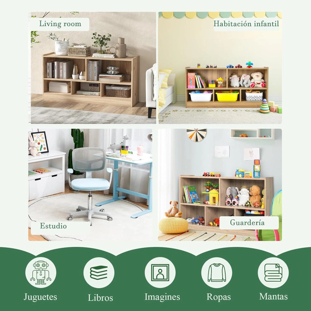 Libreria per bambini, con 5 scomparti aperti, per giocattoli, per libri e giocattoli, per cameretta dei bambini, 111 x 30 x 61,5 cm (naturale)