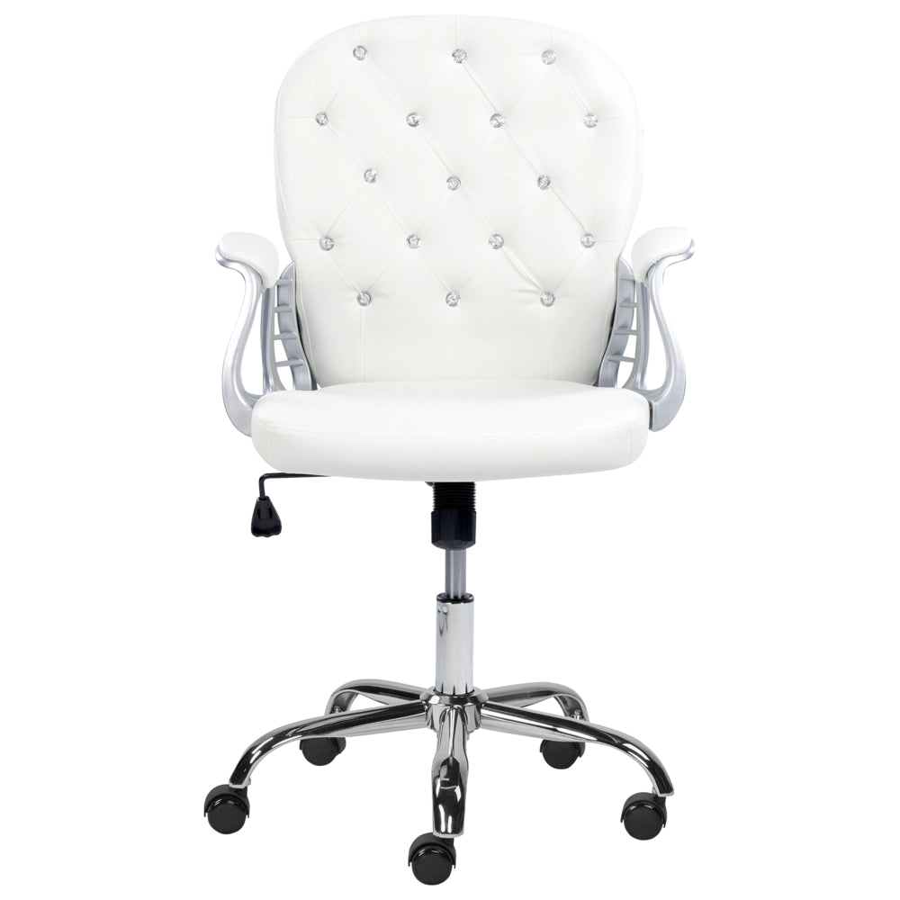 Sedia da ufficio in pelle sintetica bianco con cristalli e altezza regolabile e schienale trapuntato stile retrò moderno