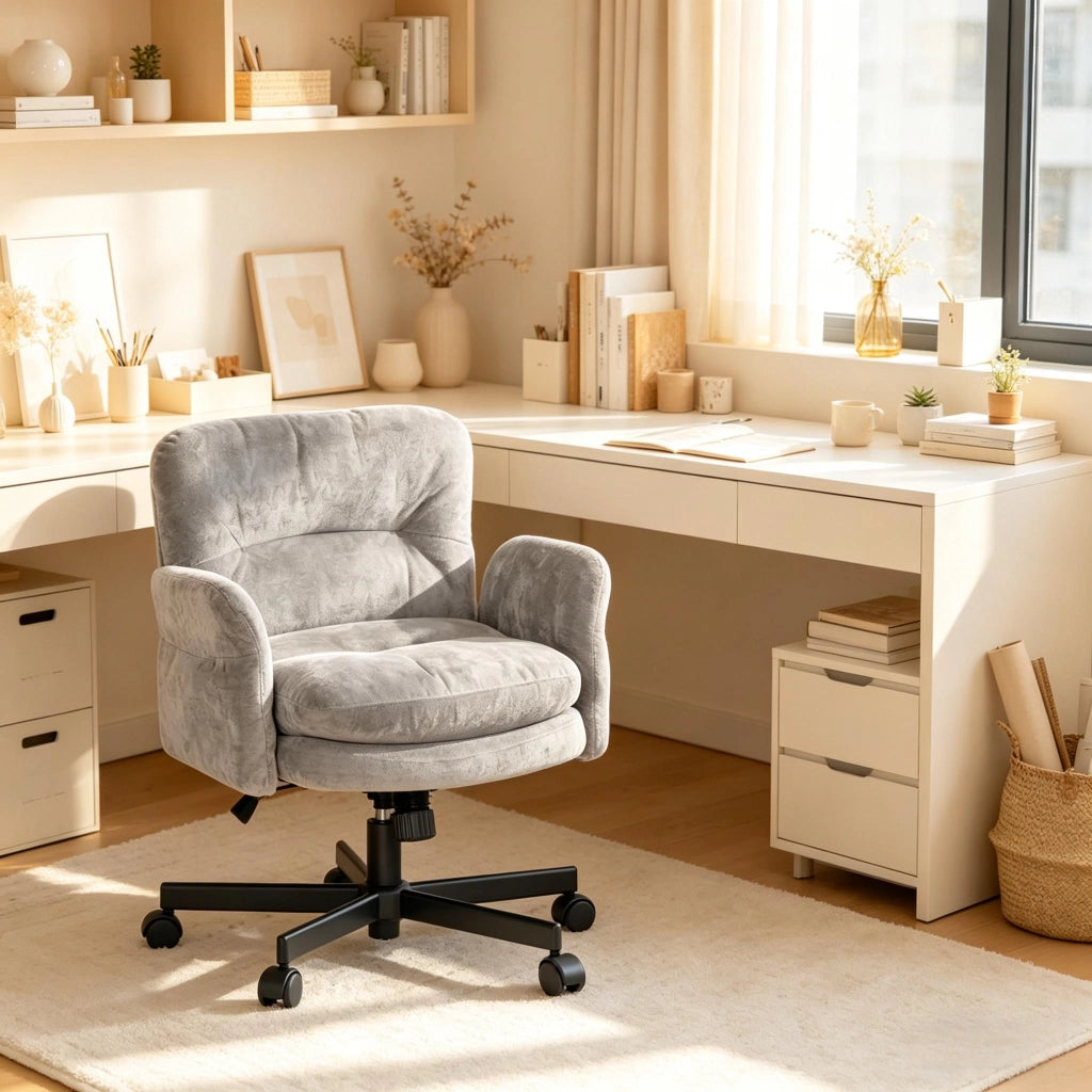 Sedia da pranzo girevole 360° ergonomica con schienale imbottito in ciniglia cotone e metallo grigio