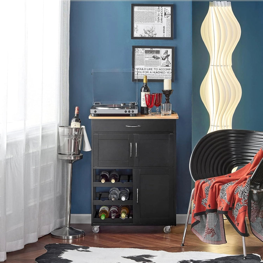Carrello Cucina con Ruote, Isola Cucina Mobile con Cassetto e Portabottiglie, Mobiletto Salvaspazio con Piano in Legno di Gomma, Cucina da Esterno Credenza Nero 67 x 38 x 87 cm FKW45-SCH