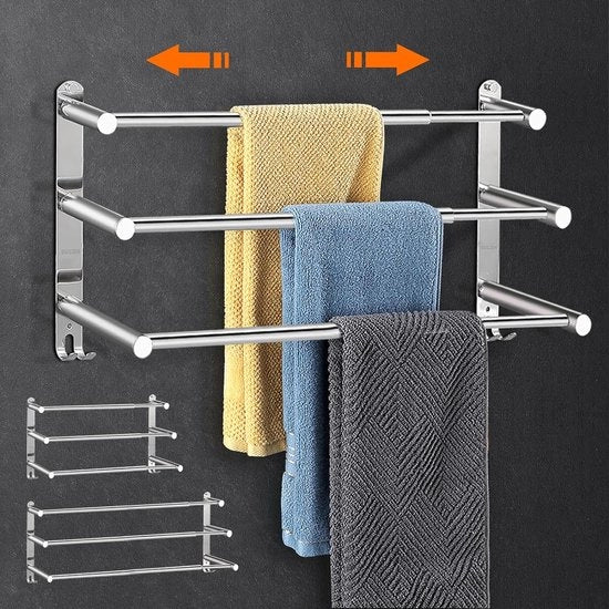 Supporto asciugamano senza perforazione, 43-75 cm, supporto asciugamano estendibile, adesivo per asciugamano da bagno, supporto asciugamano per parete a 3 strati con ganci, asciugamano da bagno impermeabile, supporto asciugamano per bagno/cucina