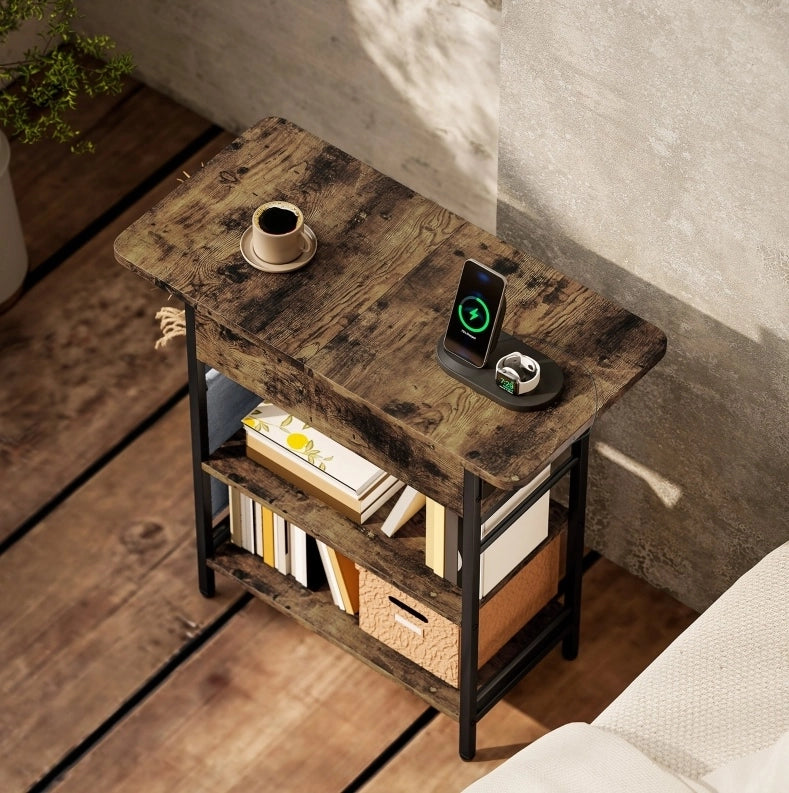 Comodino con presa 60x29，8x58，5 cm legno marrone rustico， contenitore