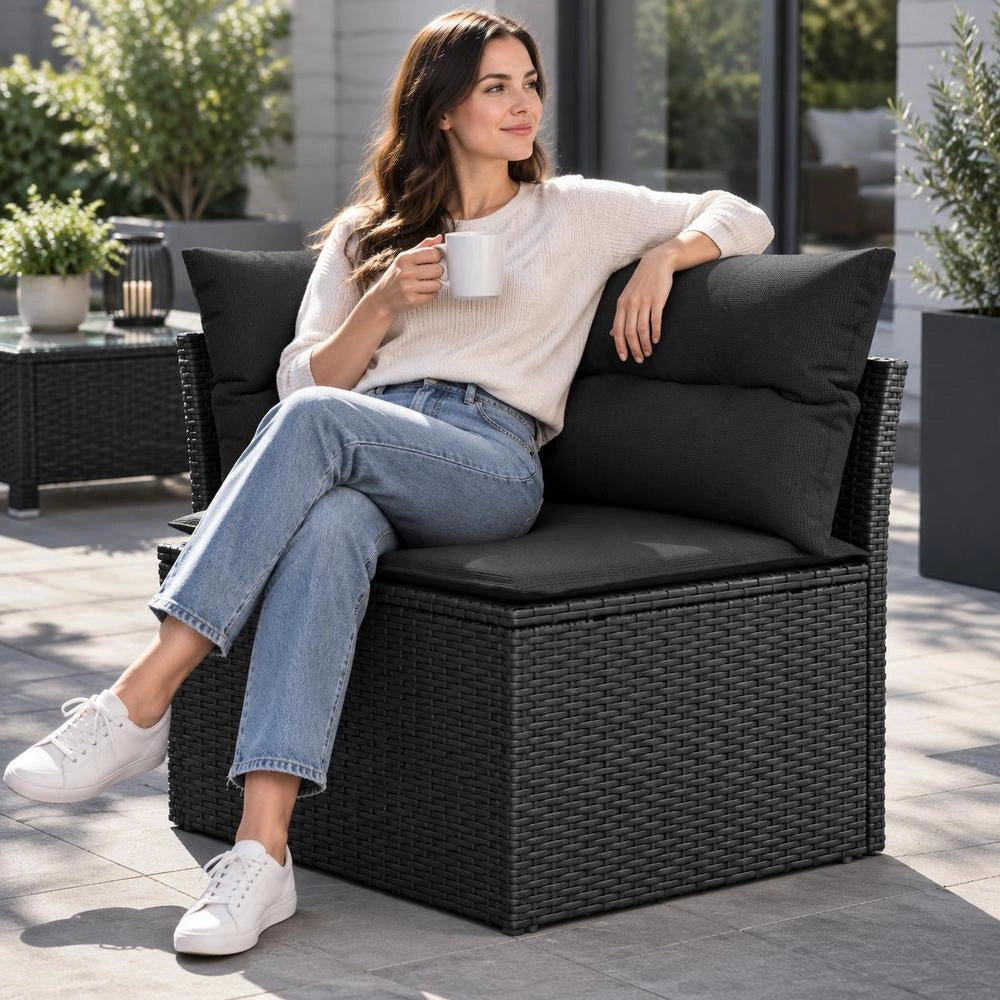 Garden Sofa Corner Unit With Cushions, Black Poly Rattan