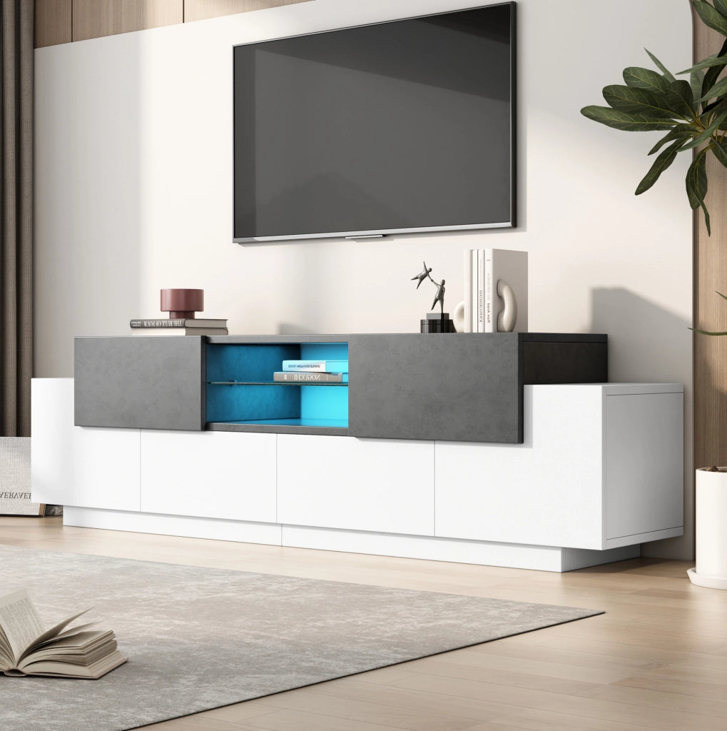Mobile TV LED 180 cm bianco e grigio effetto marmo con ripiani in vetro