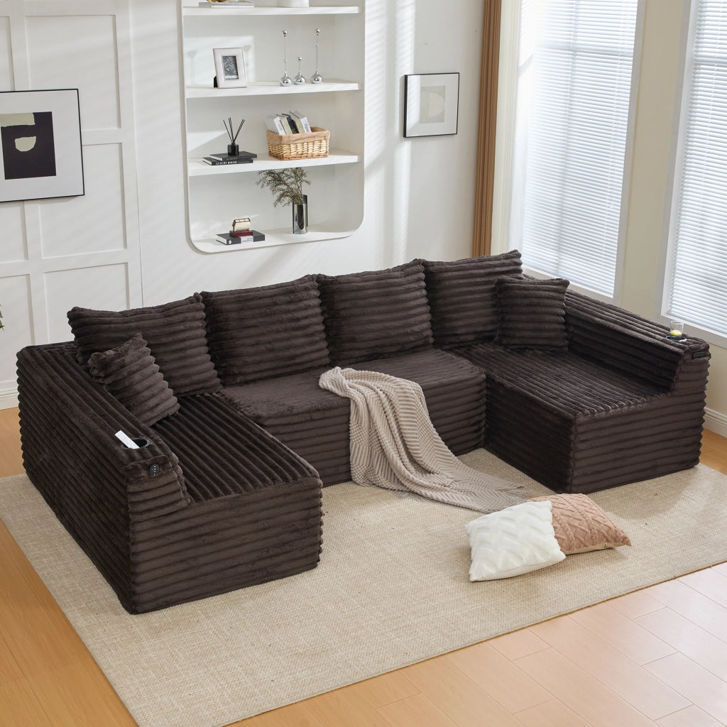 Divano modulare a U con portabicchieri e tasche laterali in corduroy marrone 320 × 155 × 88 cm