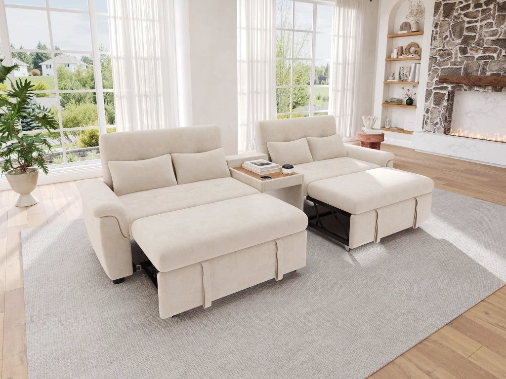 Divano letto estraibile a 2 posti letto con schienale reclinabile, console centrale con 2 portabicchieri, tessuto Chenille beige, 284¡Á138¡Á89 cm