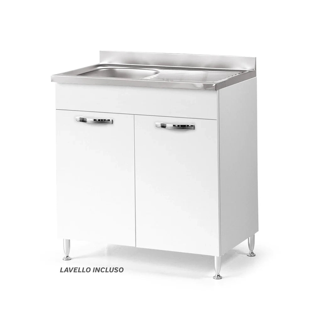 Sottolavello per cucina componibile da 80 cm con due ante, Lavello con vasca a Sinistra + Gocciolatoio, realizzato in legno 100% MADE IN ITALY colore Bianco Frassino