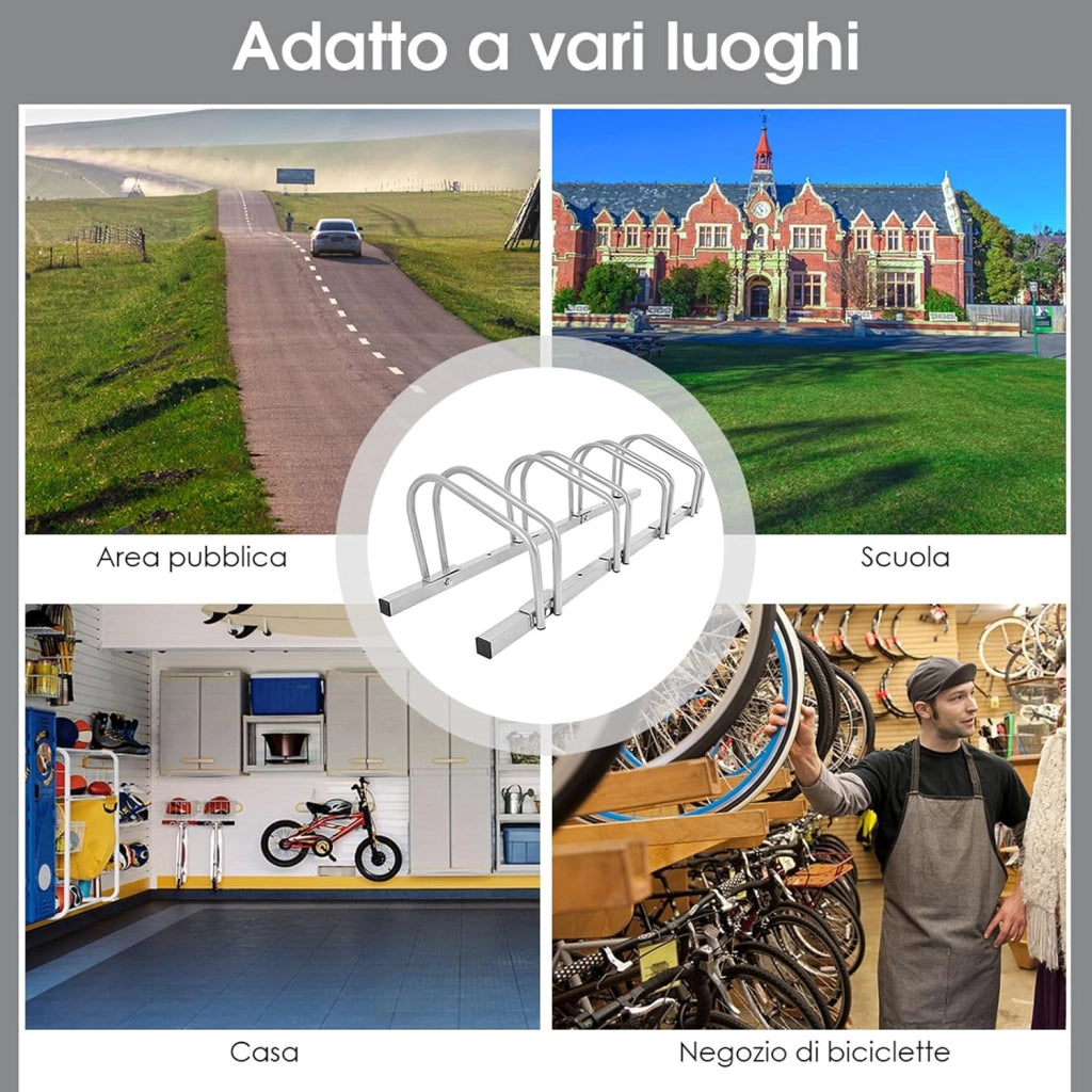 Rastrelliera per Biciclette, Portabiciclette Parcheggio Organizzatore per 4/5/6 Bici, Parcheggio per Biciclette, Telaio d'Acciaio (Argento, 4 Bici)