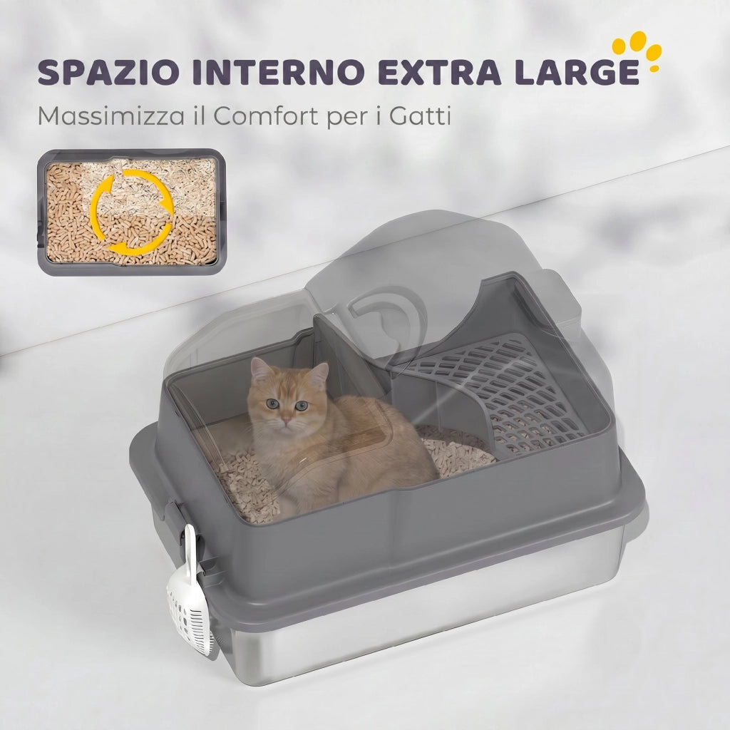 Lettiera Gatto Chiusa XL 60,5x40,5x45 cm con Coperchio Paletta Tappetino di Raccolta in Acciaio Inox Grigio Scuro