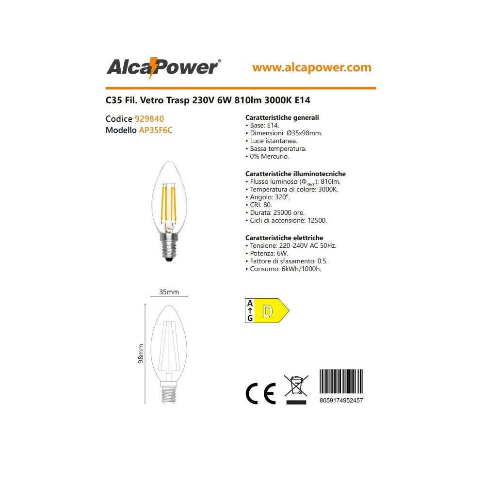 Alca power c35 6w 230v 810lm 3000k e14 lampada oliva a filamento a led vetro trasparente