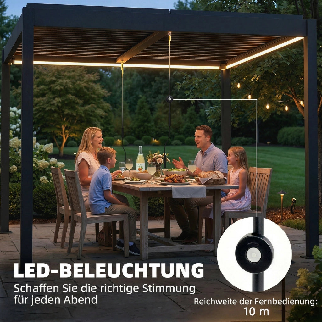 Pergola in alluminio 3x3 m con tetto a lamelle regolabile e illuminazione LED ¨C zephmum ¨C Grigio