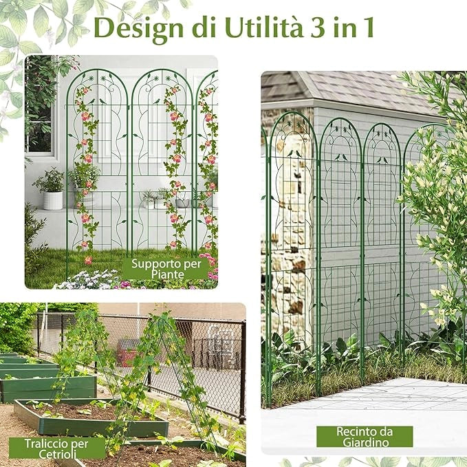 Traliccio da Giardino in Metallo 180 x 50 CM, 4 Pannello di Recinzione Antiruggine per Piante Rampicanti, Rose e Verdure, Decorazione Esterna per Giardino, Cortile, Patio (Verde)