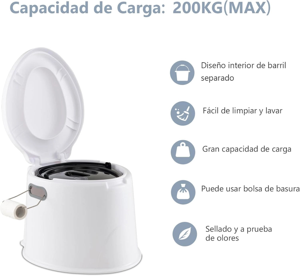 WC Portatile 5L, 49 X 41 X 34 CM, Toilette con Coperchio Anti-Odore, Secchio Interno Rimovibile, Portarotolo per Carta Igienica, Carico 200 kg, per Campeggio, Viaggi, Escursioni