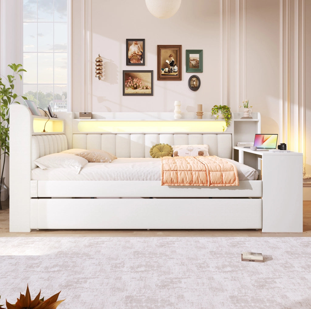 Letto imbottito 140x200 cm con letto estraibile; scrivania e LED in MDF; compensato; bianco