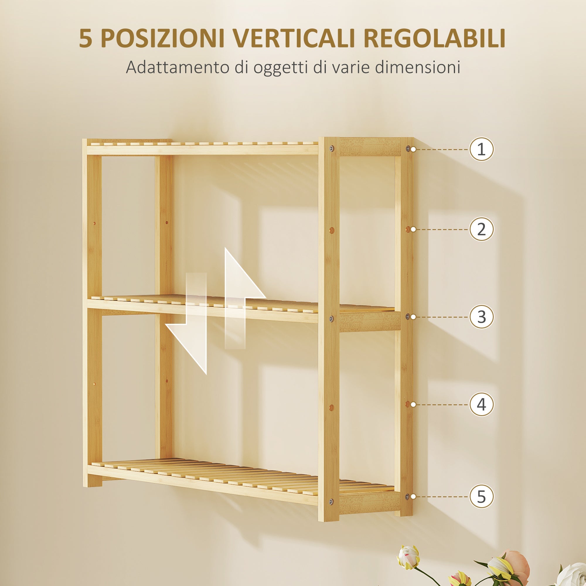 Scaffale per il Bagno 60x15x50 cm 3 Ripiani Regolabili in 5 Posizioni in Bambù