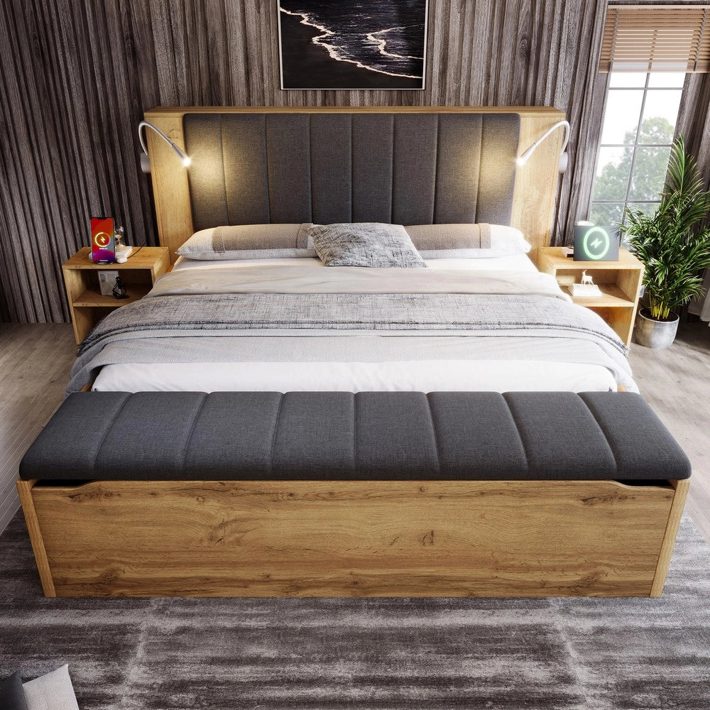 Letto Matrimoniale Contenitore con Testiera Ribaltabile ¨C MINIMAL ¨C Rovere, Tessuto Lino, 180x200, Doghe