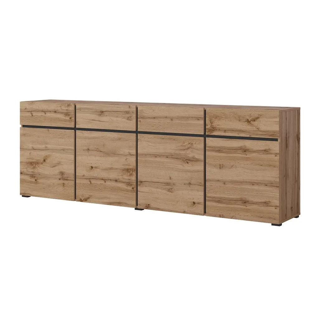 Buffet XL coloris chêne et noir 225cm collection HAVANA. Credenza design con 4 porte e 4 cassetti.