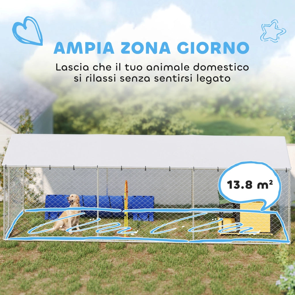 Recinto per Cani da Esterno con Rete Zincata e Serratura. in Acciaio e Tessuto Oxford. 6x2.3x2 m. Argento
