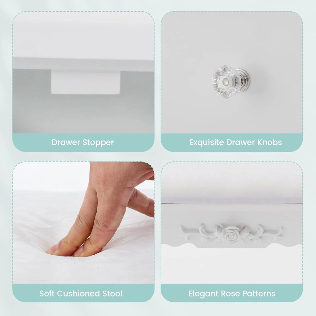 Scrivania da Toilette con Sgabello, Tavolo Vanity con Cassetti, 3 Modalità di Illuminazione, Luminosità Regolabile, Specchio Rotante a 360° Set di Tavolo per Trucco per Camera da Letto