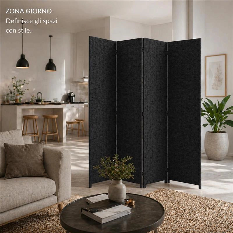 SEPARE' CON QUATTRO PANNELLI IN PLATICA NERO CON STRUTTURA IN LEGNO MISURE: 180X180CM