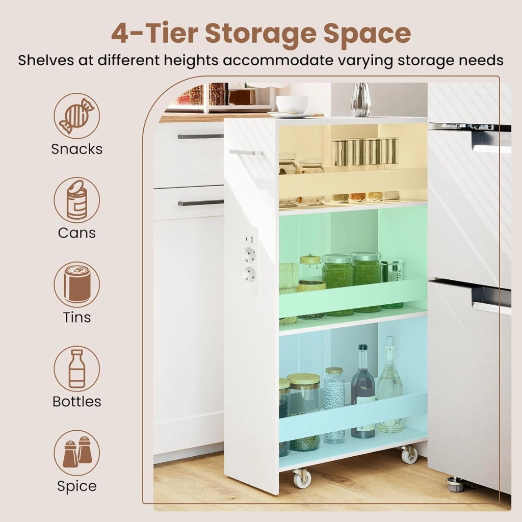 Carrello per Nicchia con Ruote, 4 Livelli，Carrello di Servizio Stretto Salvaspazio, da Bagno, Scaffale da Cucina Sottile 47,5 x 13 x 80,5 cm (Bianco+Bianco, Largo 20cm, con presa)