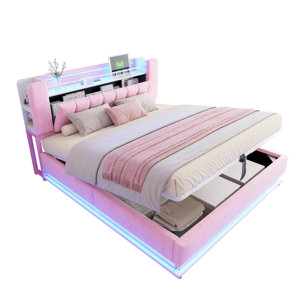 Letto matrimoniale imbottito 180x200 cm con LED; USB e contenitore; rosa