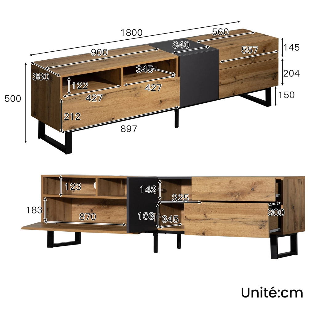 Mobile TV con 2 Ante; 2 Cassetti e 2 Vani; Apertura Push-Open; in MDF; 180 × 38 × 50 cm; Nero