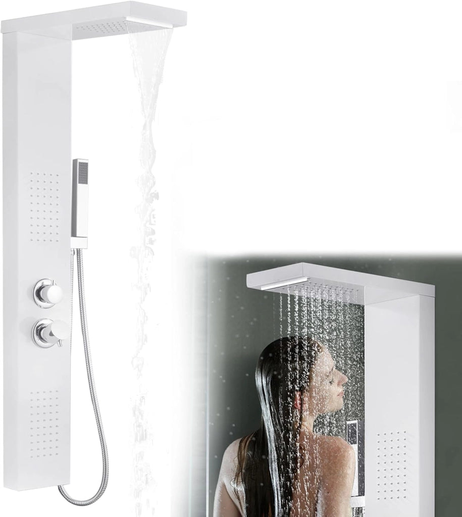 Colonna Doccia Pannello Doccia Multifunzione 4 in 1 in Acciaio Inox 304 con Doccia a Pioggia Doccetta Doccia Idromassaggio Doccia a Cascata, Bianco