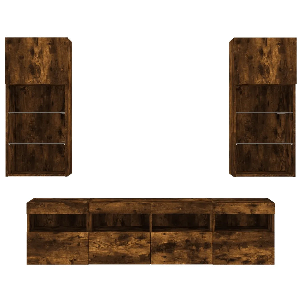 Mobili TV a Muro con LED 5 pz-Credenza per TV sospesa Rovere Fumo in Legno Multistrato 154019