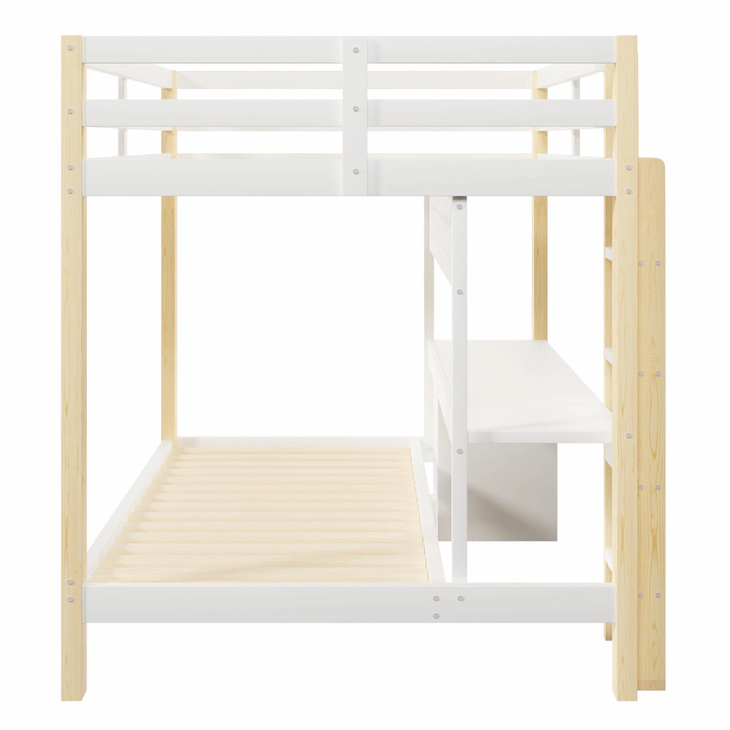 Letto a Castello 140x200 cm e 90x200 cm; con Cassetti; Scrivania; Pannello forato e LED