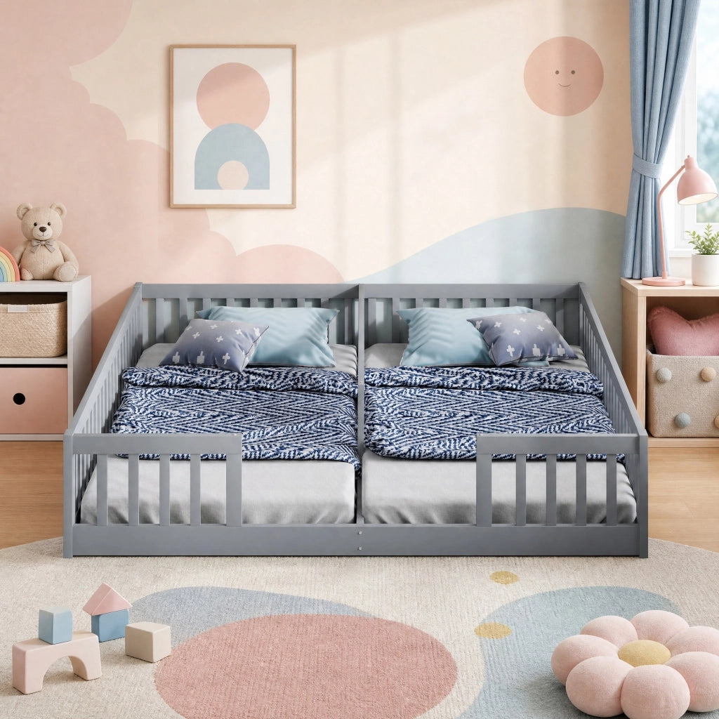 Letto per bambini doppio a pavimento 90×200 cm grigio con rete e sponde