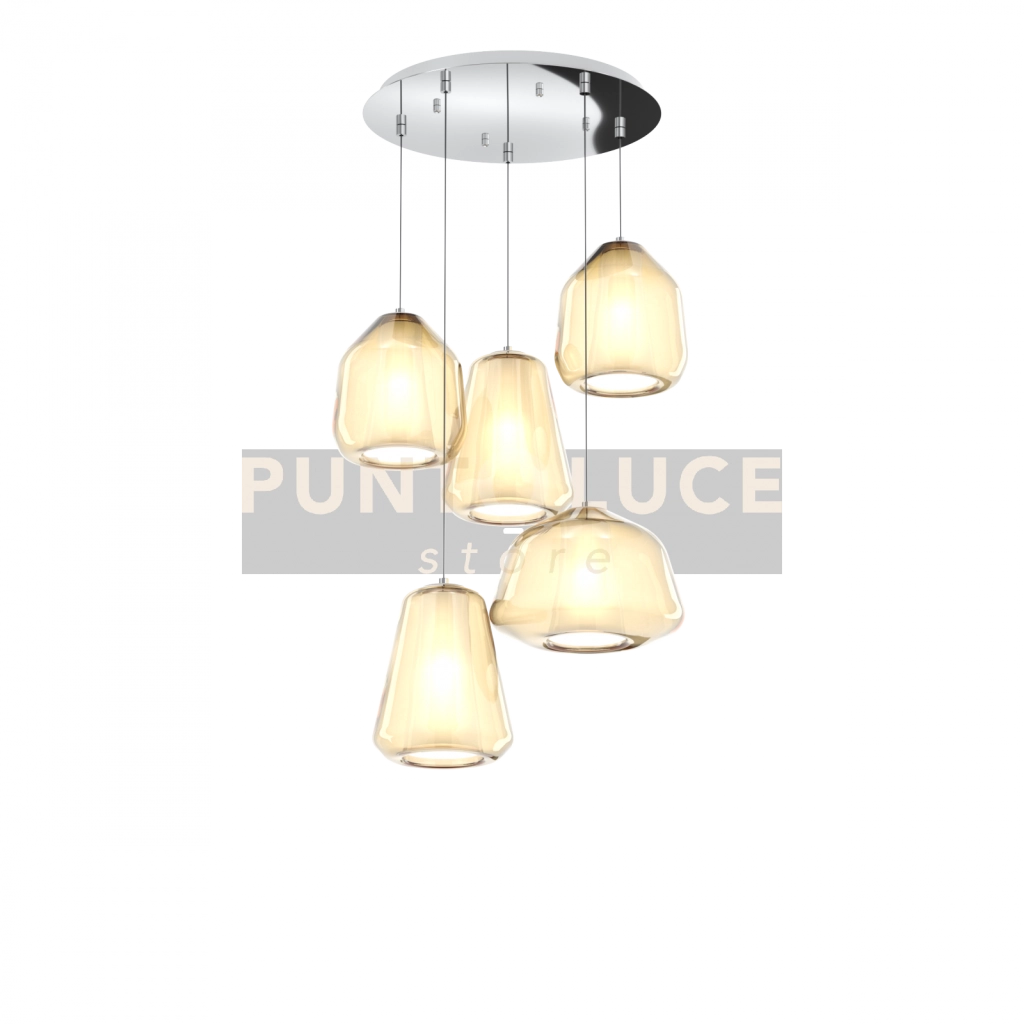 SOSPENSIONE CROMO 5 LUCI TONDA VETRI 1X ALPHA + 2X BETA + 2X GAMMA AMBRA 1176CR-S5 T ABG-AM