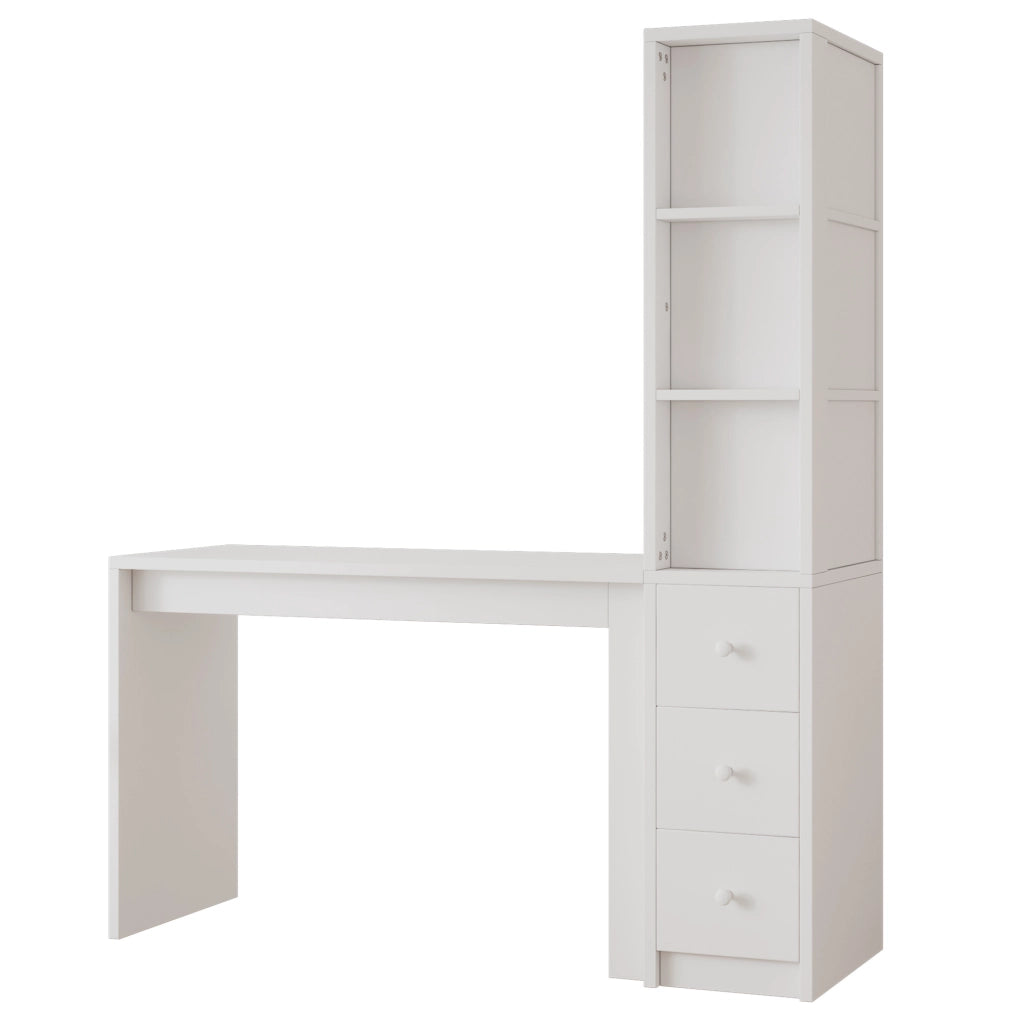 Scrivania con libreria 150x50x180 cm con 3 cassetti e vano laterale in MDF bianco