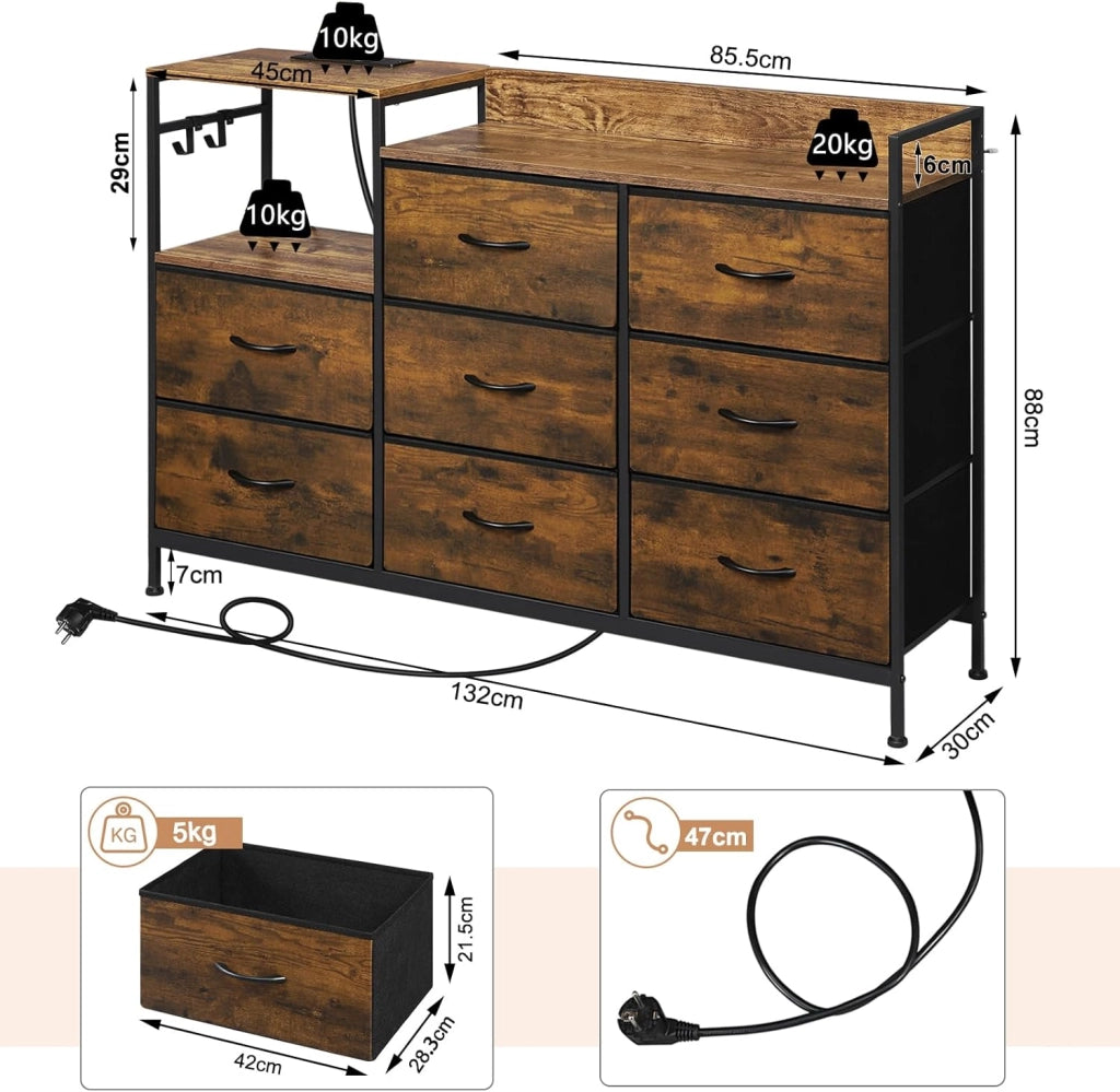 Cassettiera a 8 Cassetti in Tessuto, Cassettiera per Camera da Letto, con Sezione di Ricarica e Ganci, Piani Legno e Struttura in Metallo, Rovere Vintage+Nero
