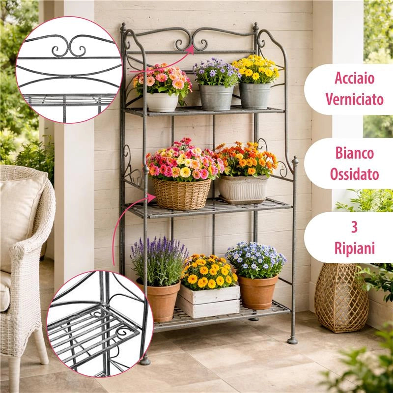 SCAFFALE PORTAVASI CLAUDE CON 3 PIANI IN COLORE BIANCO OSSIDATO  61 X 32 X H 117 CM